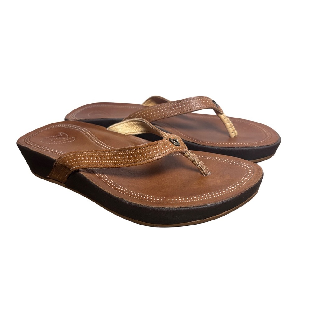 OluKai Women's sz 8 Ola Flip-Flop Tan Brown Leather Thong Sandals Wedge Heel